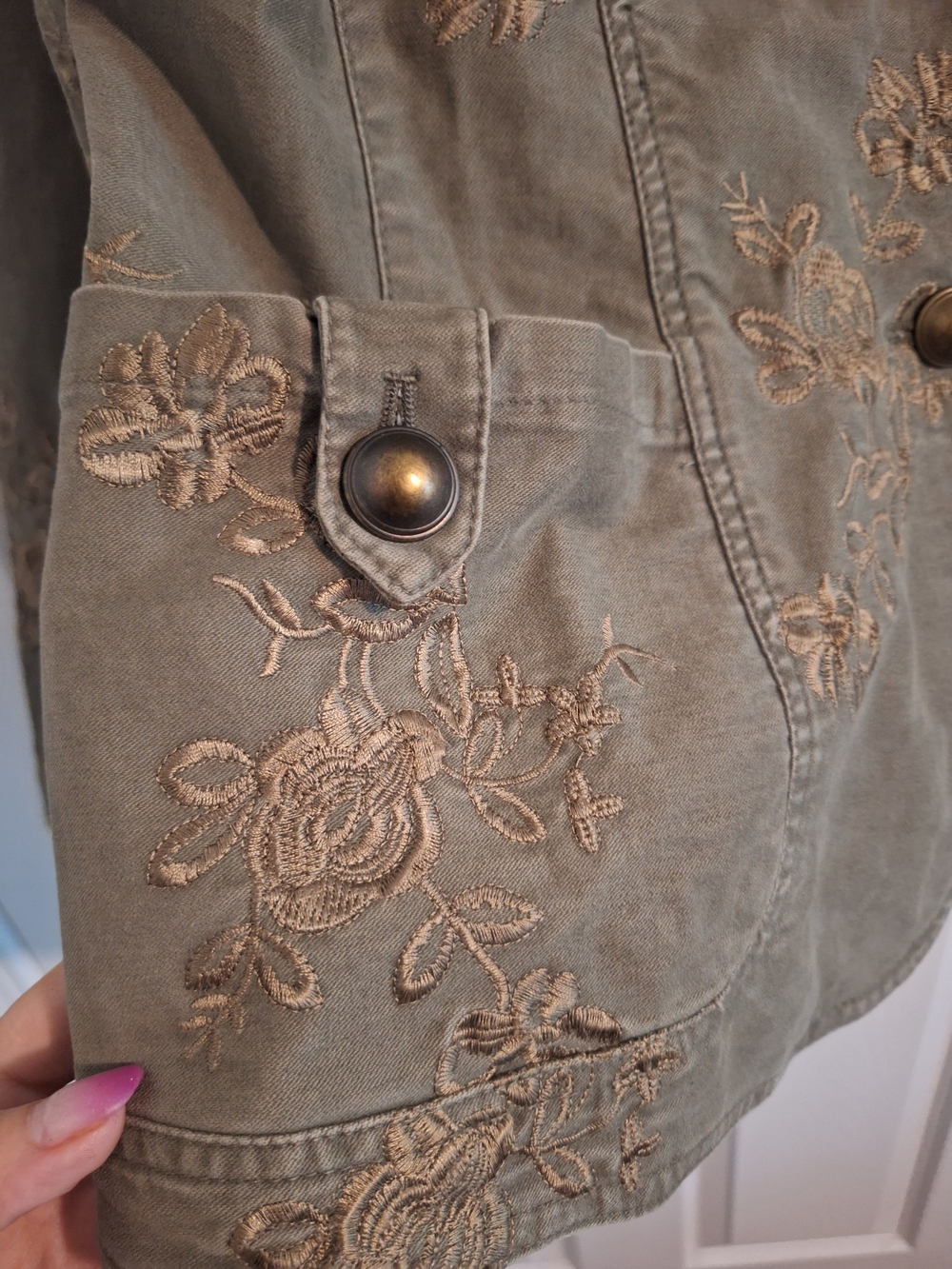 Embroidered Olive Utility Blazer Jacket - - Picture 6 of 7
